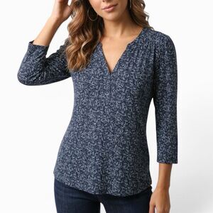 H&M Women's Size M Blue Floral Print Henley Peasant Tunic Top 3/4 Sleeves